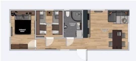 Plán domu 3,5 m x 10 m s nábytkom - obývačka s kuchyňou, kúpeľňa, 2 spálne